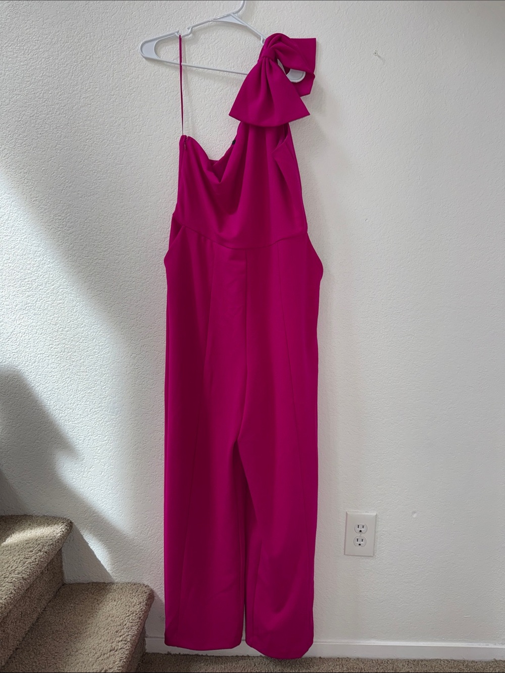 Express One-Shoulder Bow Jumpsuit in Fuchsia Pink